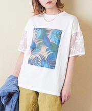 32/-OE天竺 花柄 メッシュ 袖切替 グラフィック Tシャツ