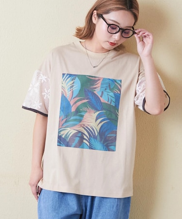 32/-OE天竺 花柄 メッシュ 袖切替 グラフィック Tシャツ