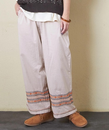 インド キャンブリック 裾刺繍 ギャザー パンツ