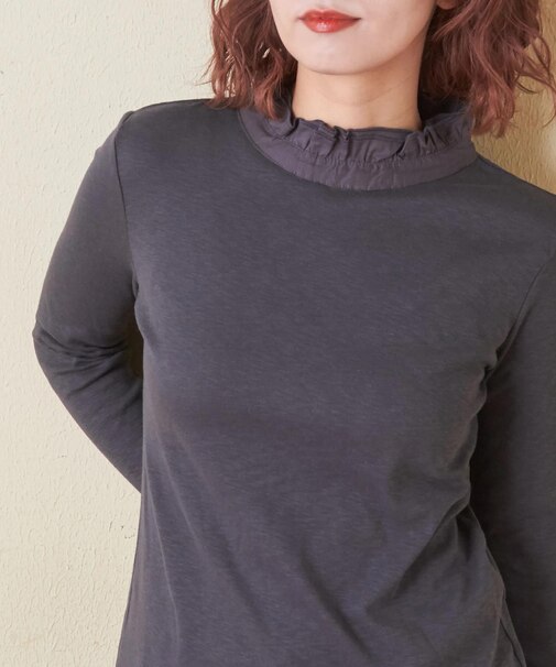 ショートスラブ フライス 無地 長袖 衿フリル インナー