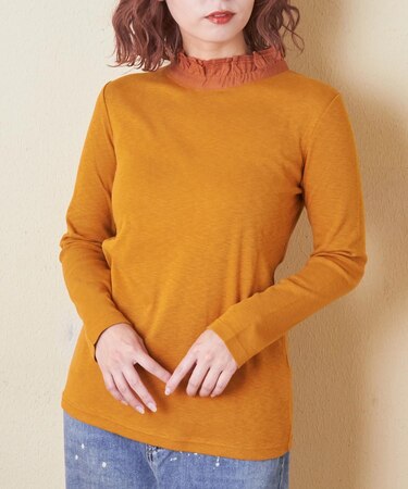 ショートスラブ フライス 無地 長袖 衿フリル インナー