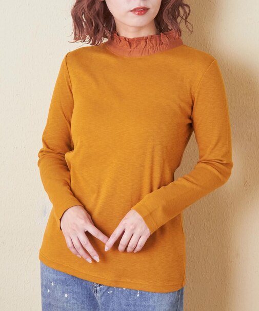 ショートスラブ フライス 無地 長袖 衿フリル インナー