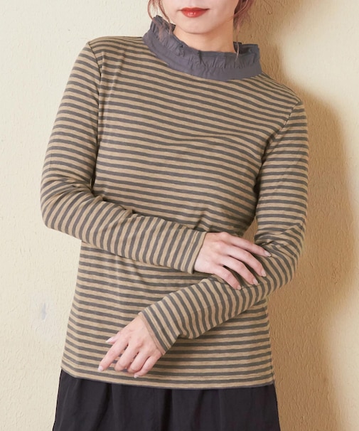 ショートスラブ フライス ボーダー 長袖 衿フリル インナー