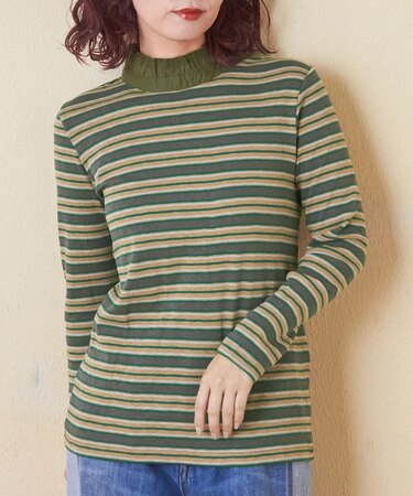 ショートスラブ フライス ボーダー 長袖 衿フリル インナー