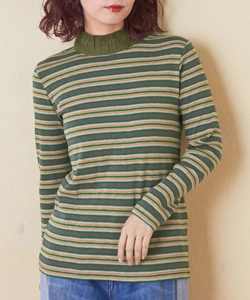 ショートスラブ フライス ボーダー 長袖 衿フリル インナー