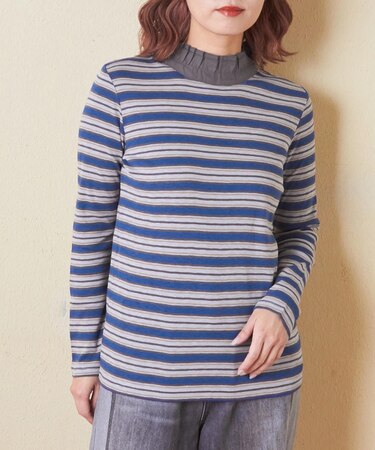 ショートスラブ フライス ボーダー 長袖 衿フリル インナー