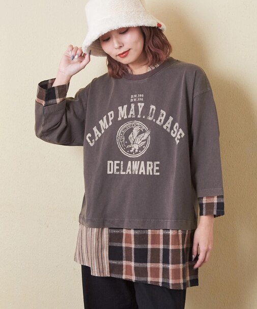 チェック × カットソー シャツ ドッキング プルオーバー