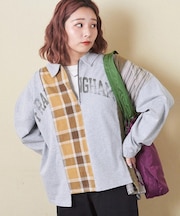 チェック × カットソー 切替 ハーフジップ シャツ