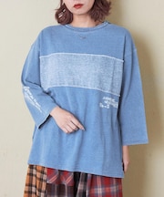 インディゴ 天竺 布帛 切替 7分袖 Tシャツ