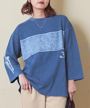 インディゴ 天竺 布帛 切替 7分袖 Tシャツ
