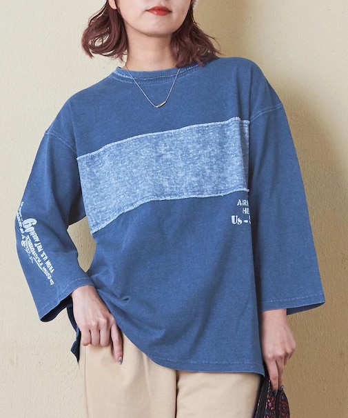 インディゴ 天竺 布帛 切替 7分袖 Tシャツ