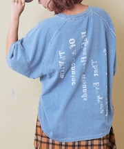 インディゴ 天竺 バックプリント ランタンスリーブ Tシャツ