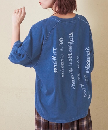 インディゴ 天竺 バックプリント ランタンスリーブ Tシャツ