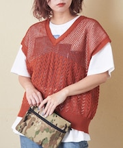 麻タッチ ニット 透かし編み  Vネック ベスト