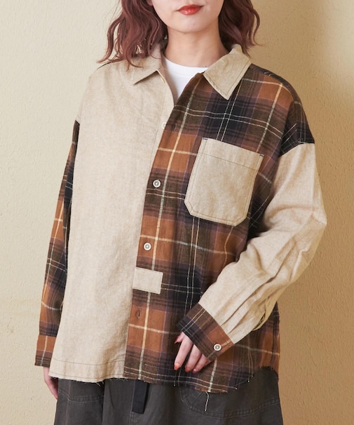 微起毛 シャンブレー × チェック レギュラー ビッグ シャツ