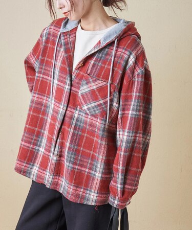 【再入荷】ネルチェック フード付 シャツ