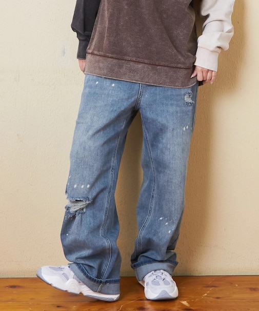 ダメージ加工 デニム ワイド パンツ