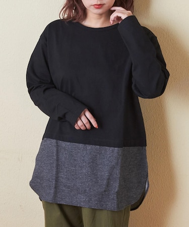 20/-天竺 裾布帛 切替 クルーネック 長袖 インナー