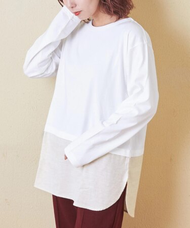 20/-天竺 裾布帛 切替 クルーネック 長袖 インナー