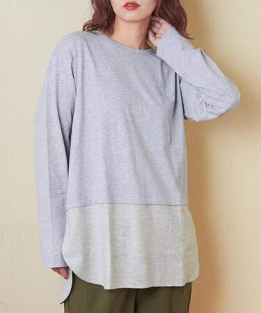 20/-天竺 裾布帛 切替 クルーネック 長袖 インナー