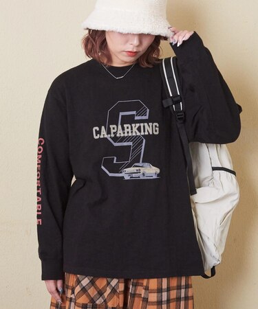 10/-スラブ天竺 袖プリント ロング Tシャツ