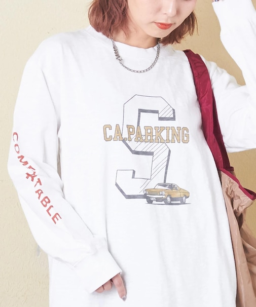 10/-スラブ天竺 袖プリント ロング Tシャツ