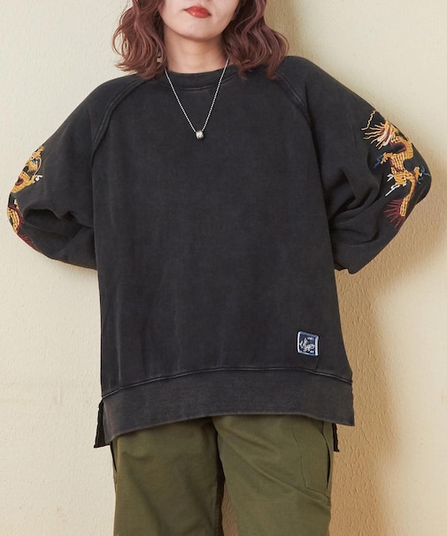 30/10裏毛 ケミカル加工 スウェット 袖刺繍 プルオーバー