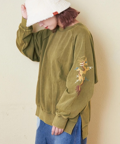 30/10裏毛 ケミカル加工 スウェット 袖刺繍 プルオーバー