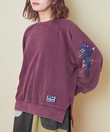 30/10裏毛 ケミカル加工 スウェット 袖刺繍 プルオーバー