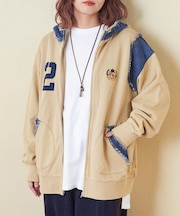 30/10裏毛 ケミカル加工 スウェット デニム パッチ ジップ パーカー
