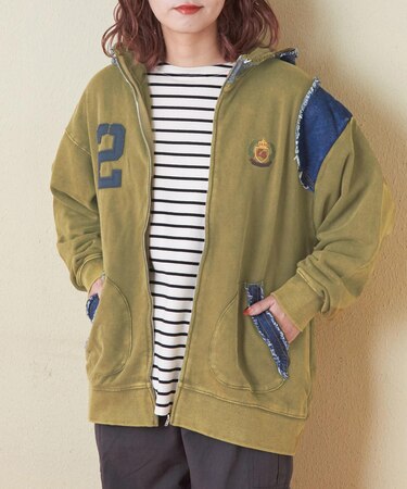 30/10裏毛 ケミカル加工 スウェット デニム パッチ ジップ パーカー