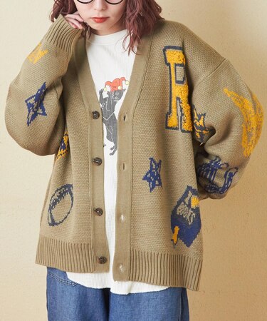 カレッジ ロゴ モチーフ ジャガード ニット カーディガン