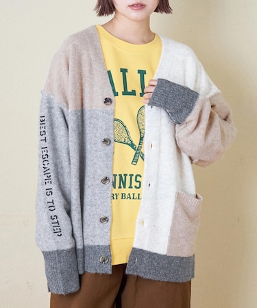 ヤクフィール ニット 配色 Vネック カーディガン