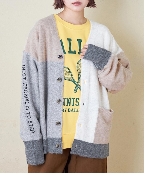 ヤクフィール ニット 配色 Vネック カーディガン