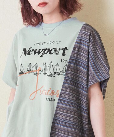 ストライプ 切替 フレンチスリーブ ロゴ Tシャツ