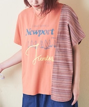 ストライプ 切替 フレンチスリーブ ロゴ Tシャツ