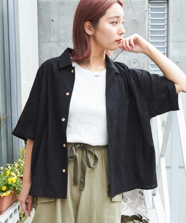 カット レース 半袖 バルーン シャツ