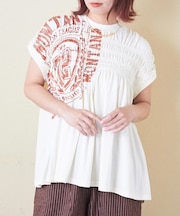 32/-天竺 ロゴプリント シャーリング フレンチスリーブ Tシャツ