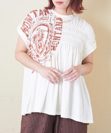 32/-天竺 ロゴプリント シャーリング フレンチスリーブ Tシャツ