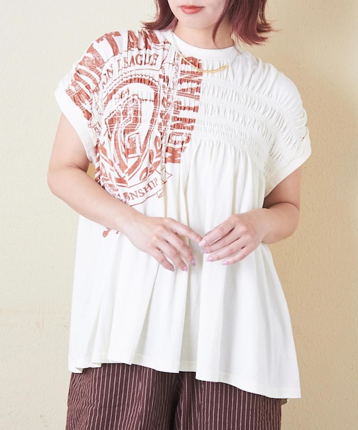 32/-天竺 ロゴプリント シャーリング フレンチスリーブ Tシャツ