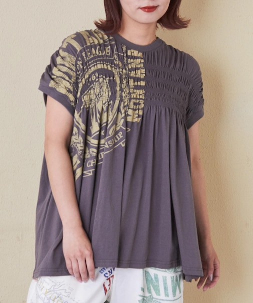 32/-天竺 ロゴプリント シャーリング フレンチスリーブ Tシャツ