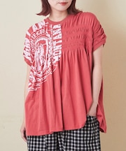 32/-天竺 ロゴプリント シャーリング フレンチスリーブ Tシャツ
