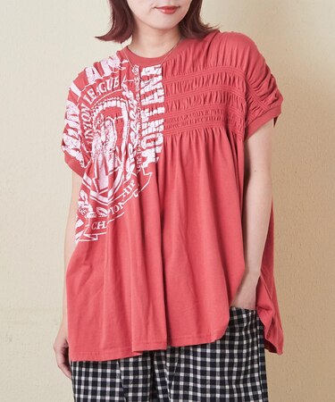 32/-天竺 ロゴプリント シャーリング フレンチスリーブ Tシャツ