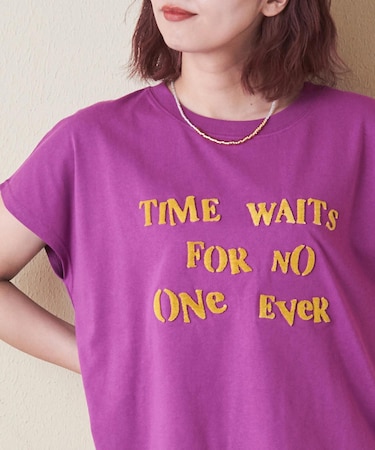 21/-OE天竺 フレンチスリーブ ブラシ刺繍 ロゴ Tシャツ