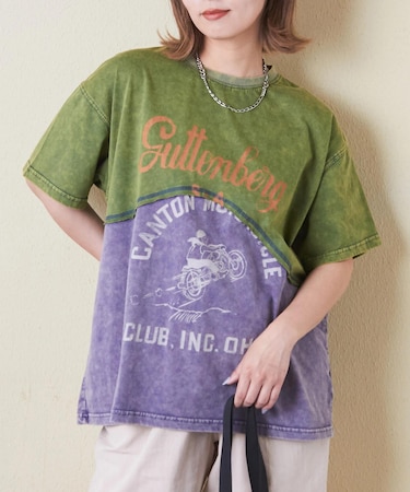 26/-天竺 パウダー加工 ウェーブ切替 Tシャツ