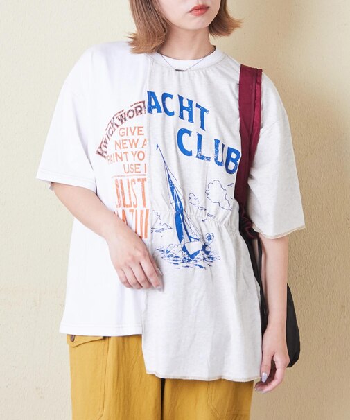 26/-天竺 パウダー加工 リメイク風 切り替え シャーリング Tシャツ