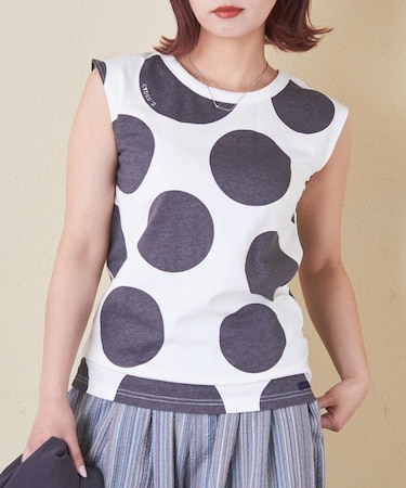 26/-OE天竺 ドット プリント 汗染み防止 加工 ノースリーブ Tシャツ