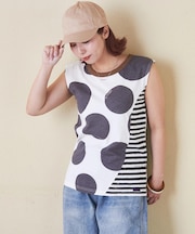 26/-OE天竺 ドット プリント 汗染み防止 加工 ノースリーブ Tシャツ