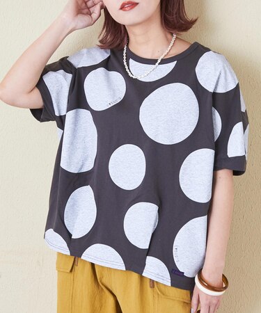 26/-OE天竺 ドット プリント 汗染み防止 加工 ドルマン Tシャツ