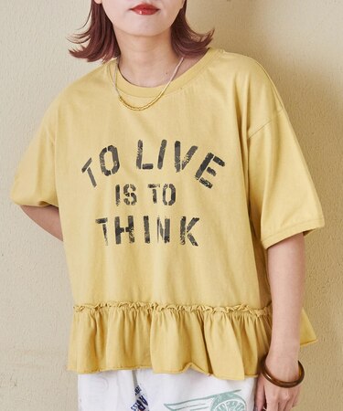 26/-天竺 パウダー加工 裾ギャザー ロゴ Tシャツ